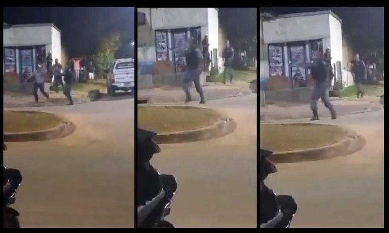 A PM-MT informou que o Samu (Serviço de Atendimento Móvel de Urgência) foi acionado, mas a vítima morreu no local(foto: Reprodução/Redes Sociais) PM dando rasteira e atirando