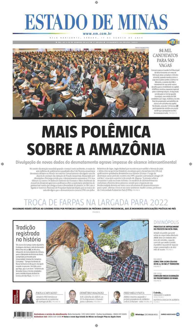 Confira a Capa do Jornal Estado de Minas do dia 17/08/2019(foto: Estado de Minas)