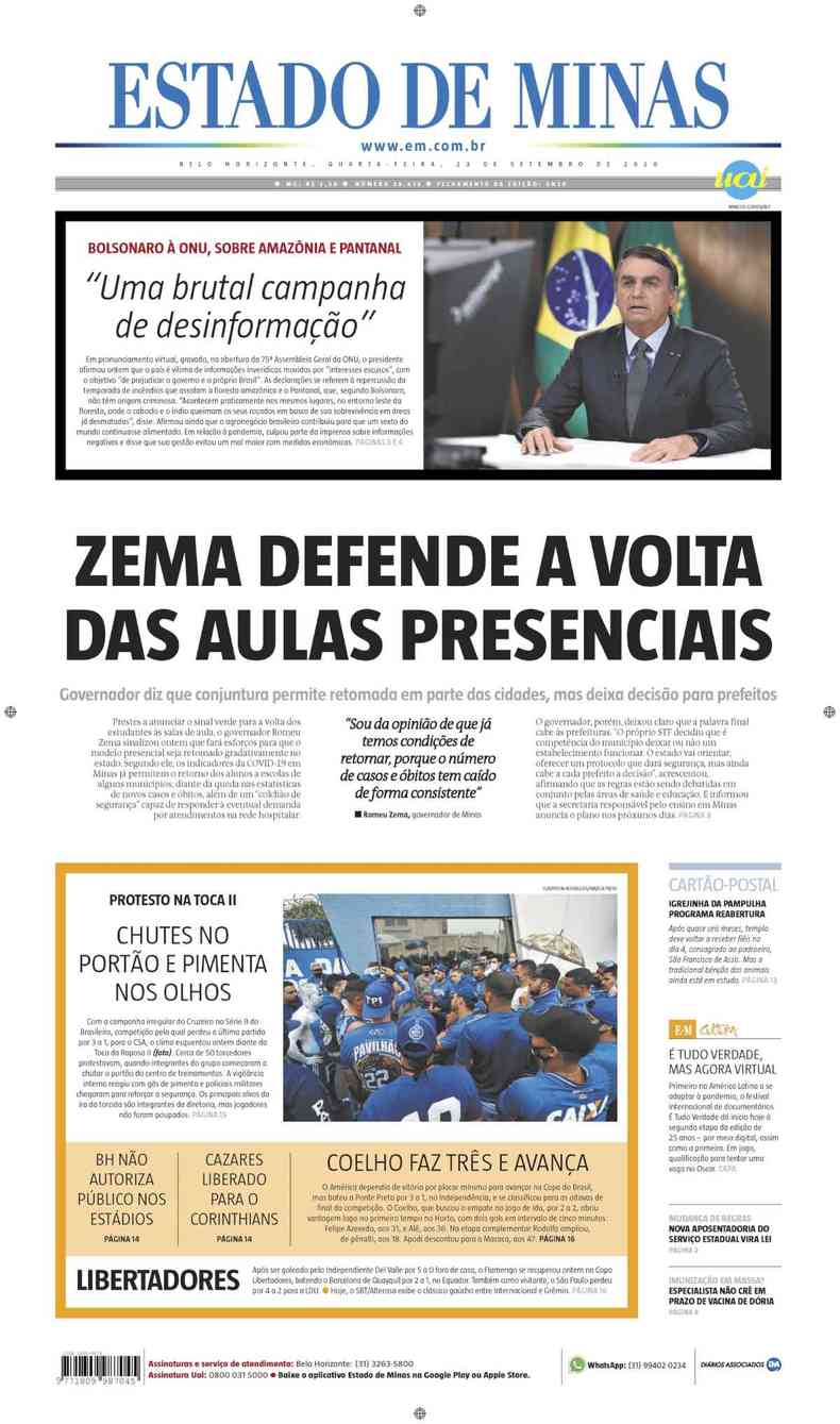 Confira a Capa do Jornal Estado de Minas do dia 23/09/2020(foto: Estado de Minas)