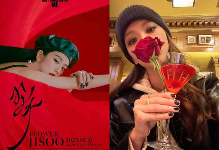 Foto promocional de Flowers e foto de Jisoo com uma flor 