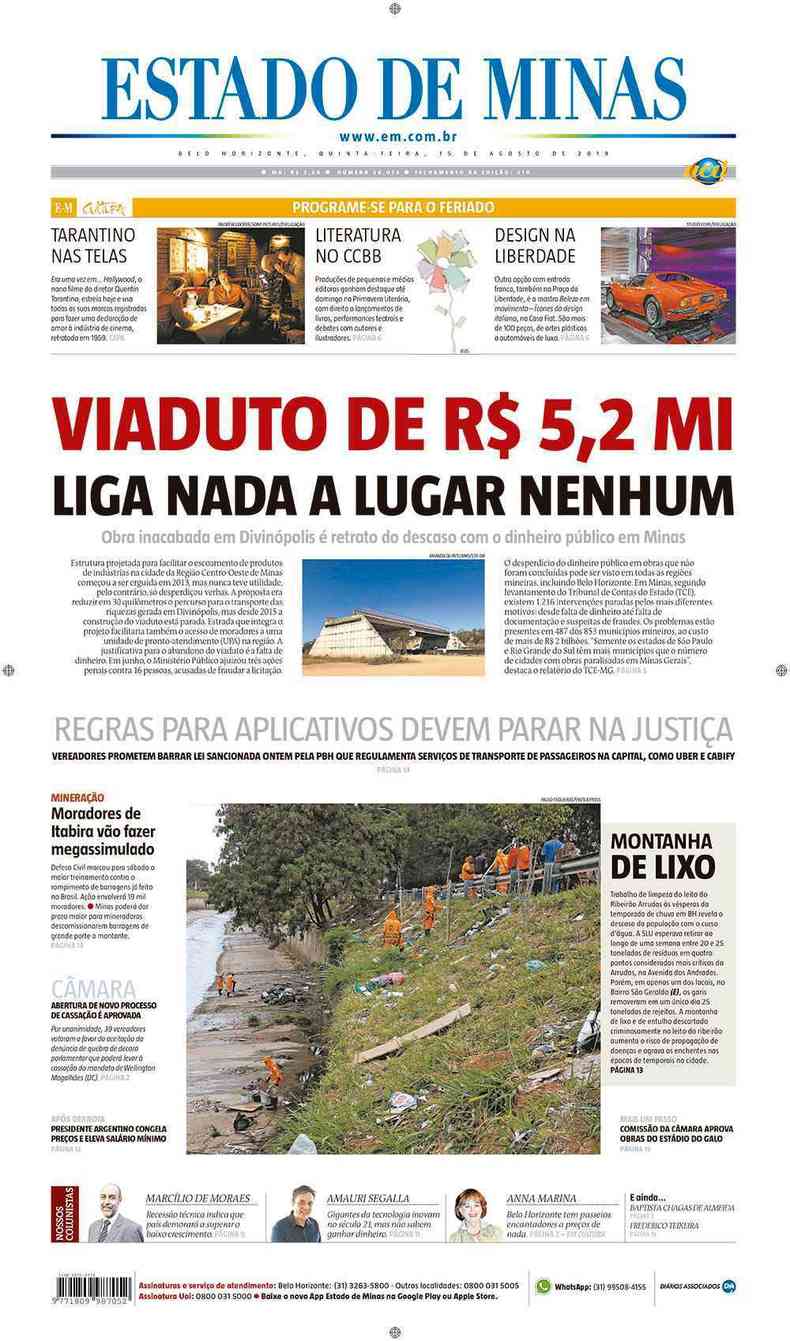 Confira a Capa do Jornal Estado de Minas do dia 14/08/2019(foto: Estado de Minas)