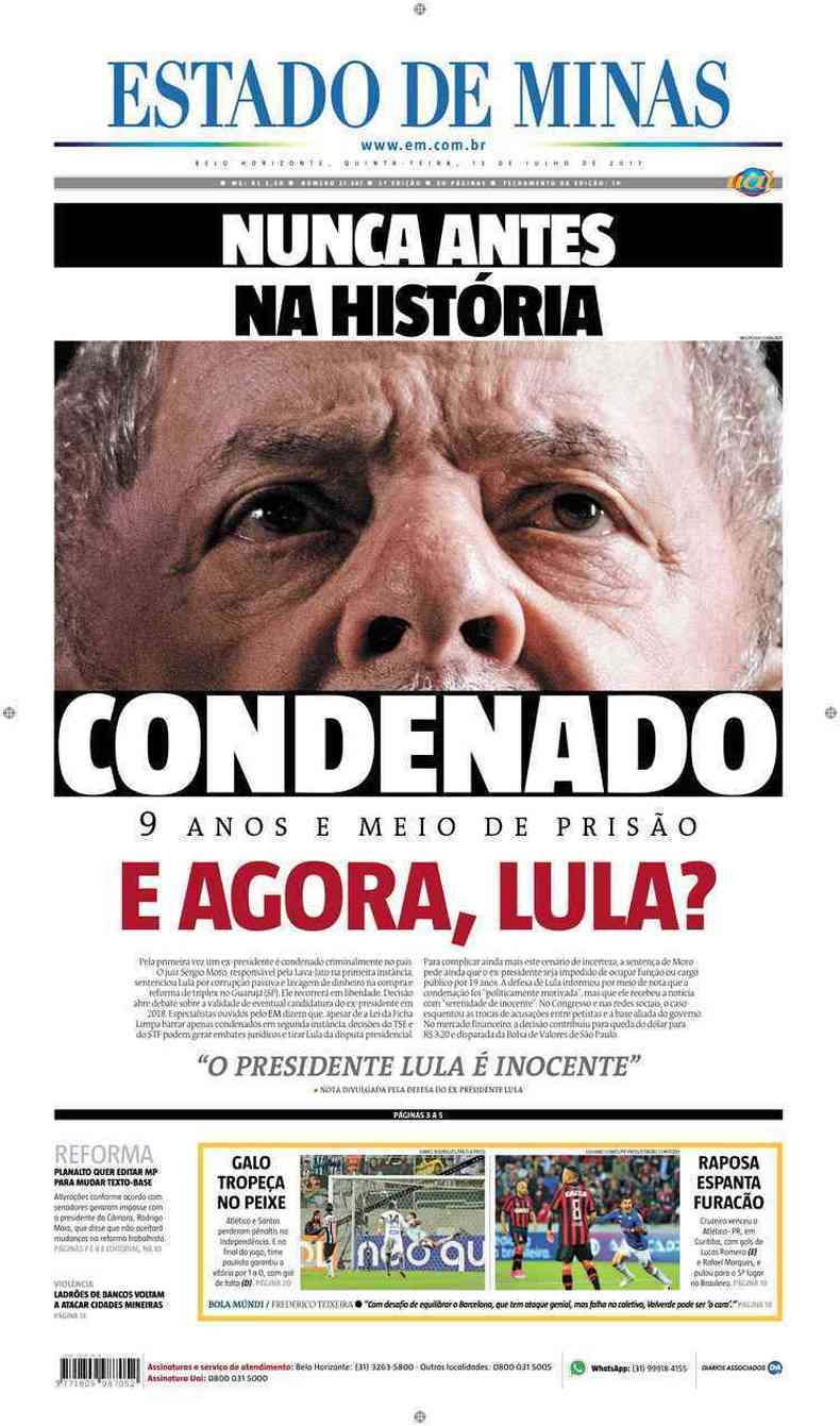 Confira a Capa do Jornal Estado de Minas do dia 13/07/2017