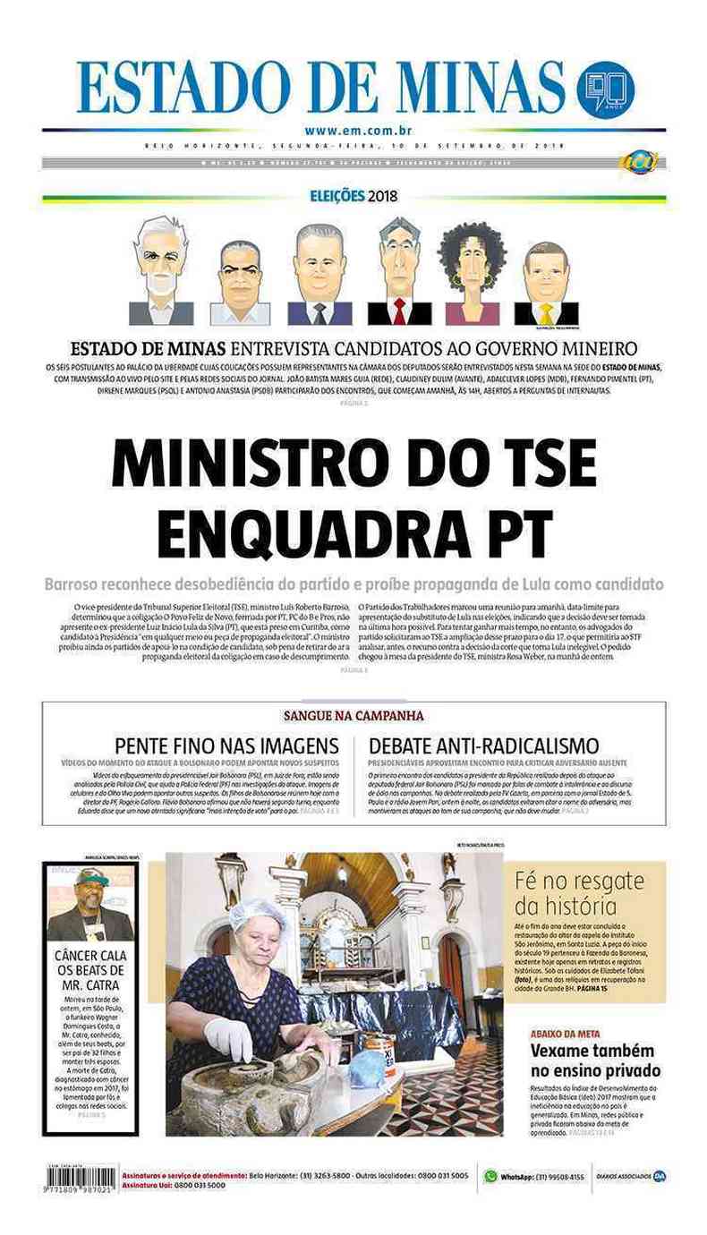Confira a Capa do Jornal Estado de Minas do dia 10/09/2018(foto: Estado de Minas)