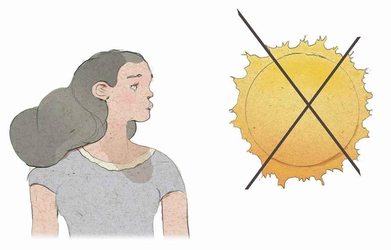 Ilustrao mostra mulher de perfil ao lado do sol, riscado com um xis