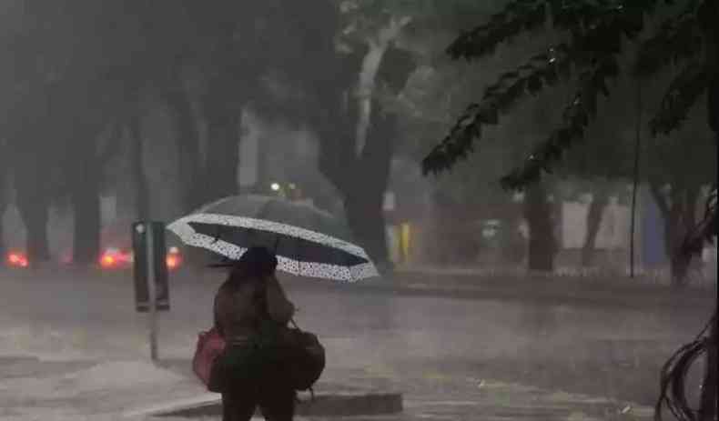 Imagem de uma pessoa andando de guarda-chuva na rua