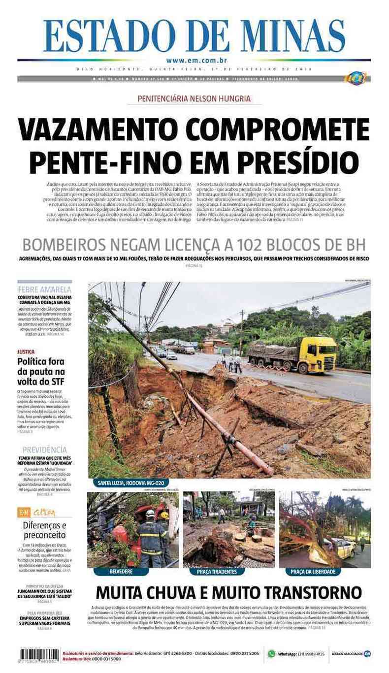 Confira a Capa do Jornal Estado de Minas do dia 01/02/2018
