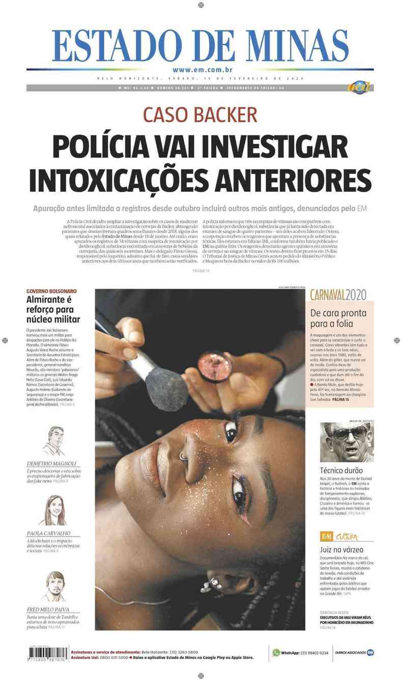 Confira a Capa do Jornal Estado de Minas do dia 15/02/2020(foto: Estado de Minas)