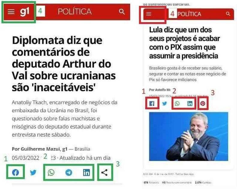 Compara��o feita em 7 de mar�o de 2022 entre capturas de tela de uma not�cia publicada pelo portal G1 acessada via smartphone (E) e de uma das publica��es viralizadas 