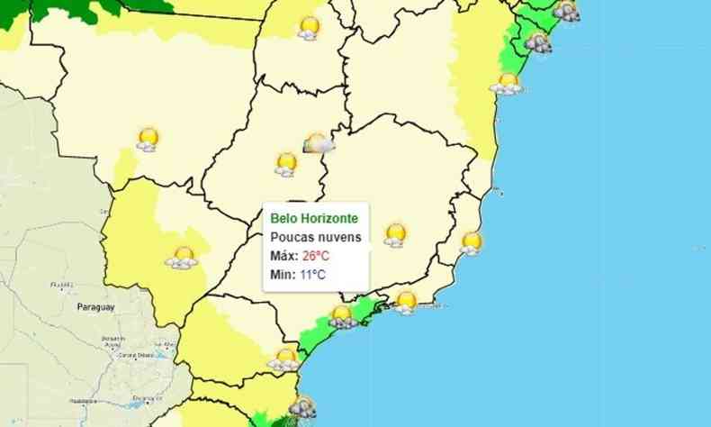 Previso do tempo do Inmet para este domingo em Belo Horizonte(foto: Reproduo/Instituto Nacional de Meteorologia)