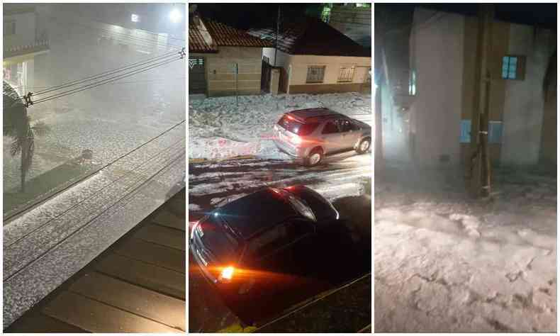 Imagens que circulam nas redes sociais mostram diversos carros atolados em uma espessa camada de granizo que cobriu o asfalto 