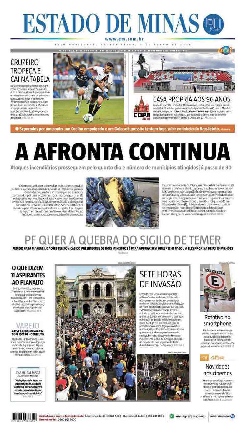 Confira a Capa do Jornal Estado de Minas do dia 07/06/2018