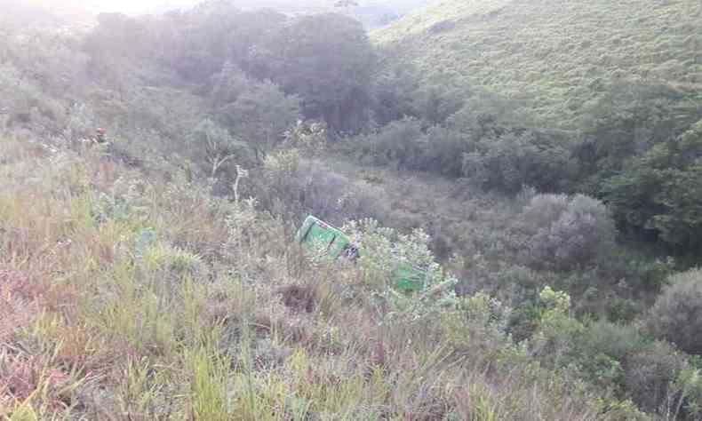 nibus caiu em ribanceira de quase 30 metros aps a coliso(foto: Corpo de Bombeiros/Divulgao)