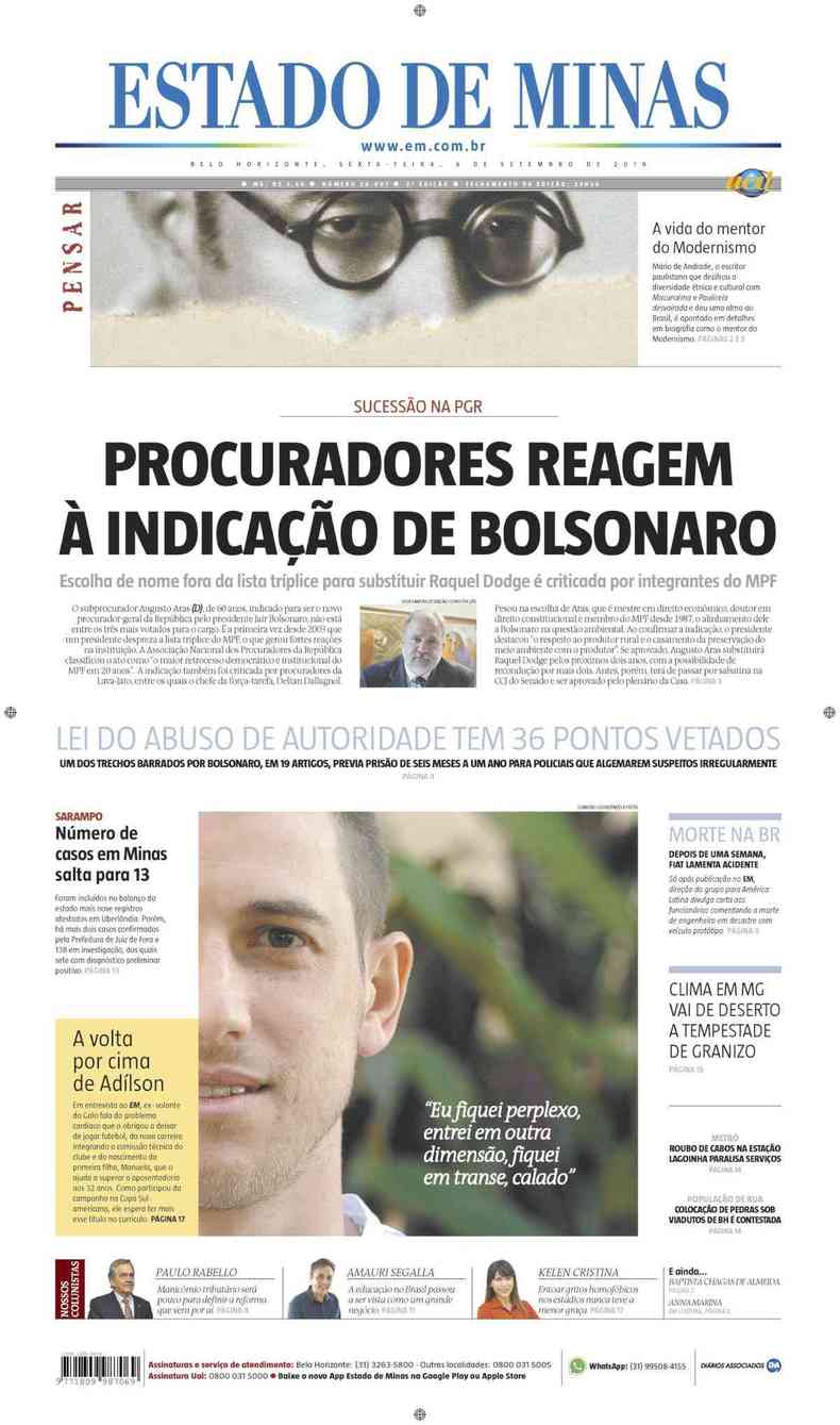 Confira a Capa do Jornal Estado de Minas do dia 06/09/2019(foto: Estado de Minas)