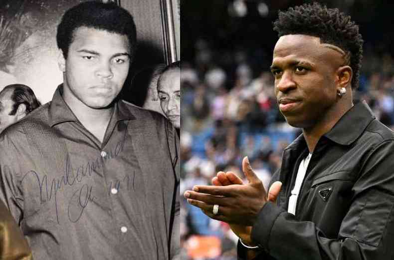 Imagens do pugilista Muhammad Ali e o jogador de futebol Vinicius Junior