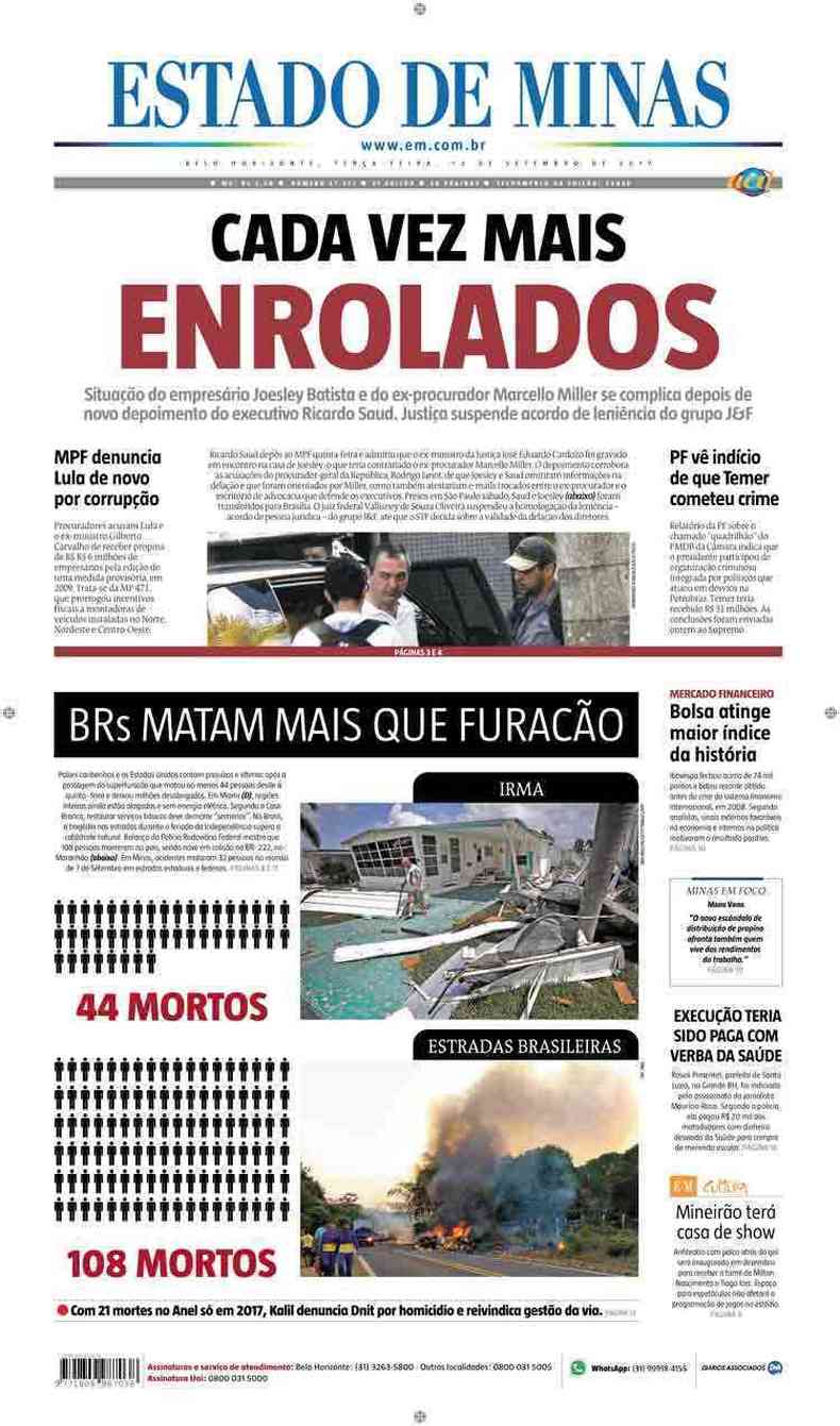 Confira a Capa do Jornal Estado de Minas do dia 12/09/2017(foto: Digulgao)