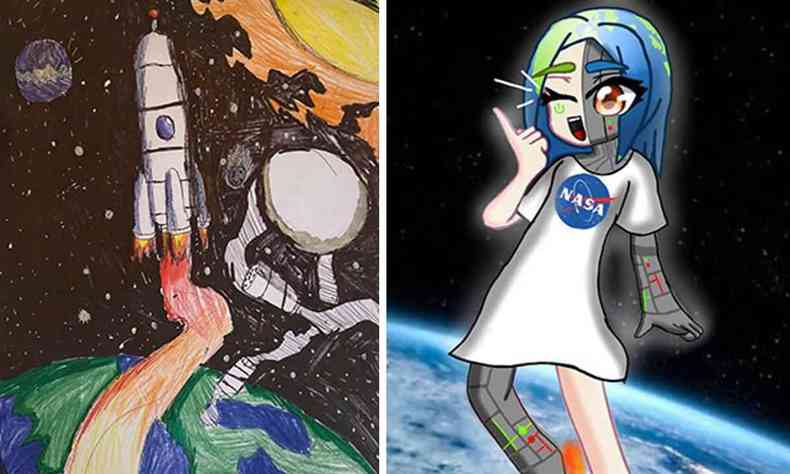 À esquerda o desenho do Gabriel, uma espaçonave, e na direita o de Isadora, uma menina robótica