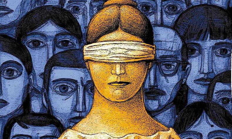 ilustrao mostra mulher com venda nos olhos, em primeiro plano, e multido de olhos fechados atrs dela