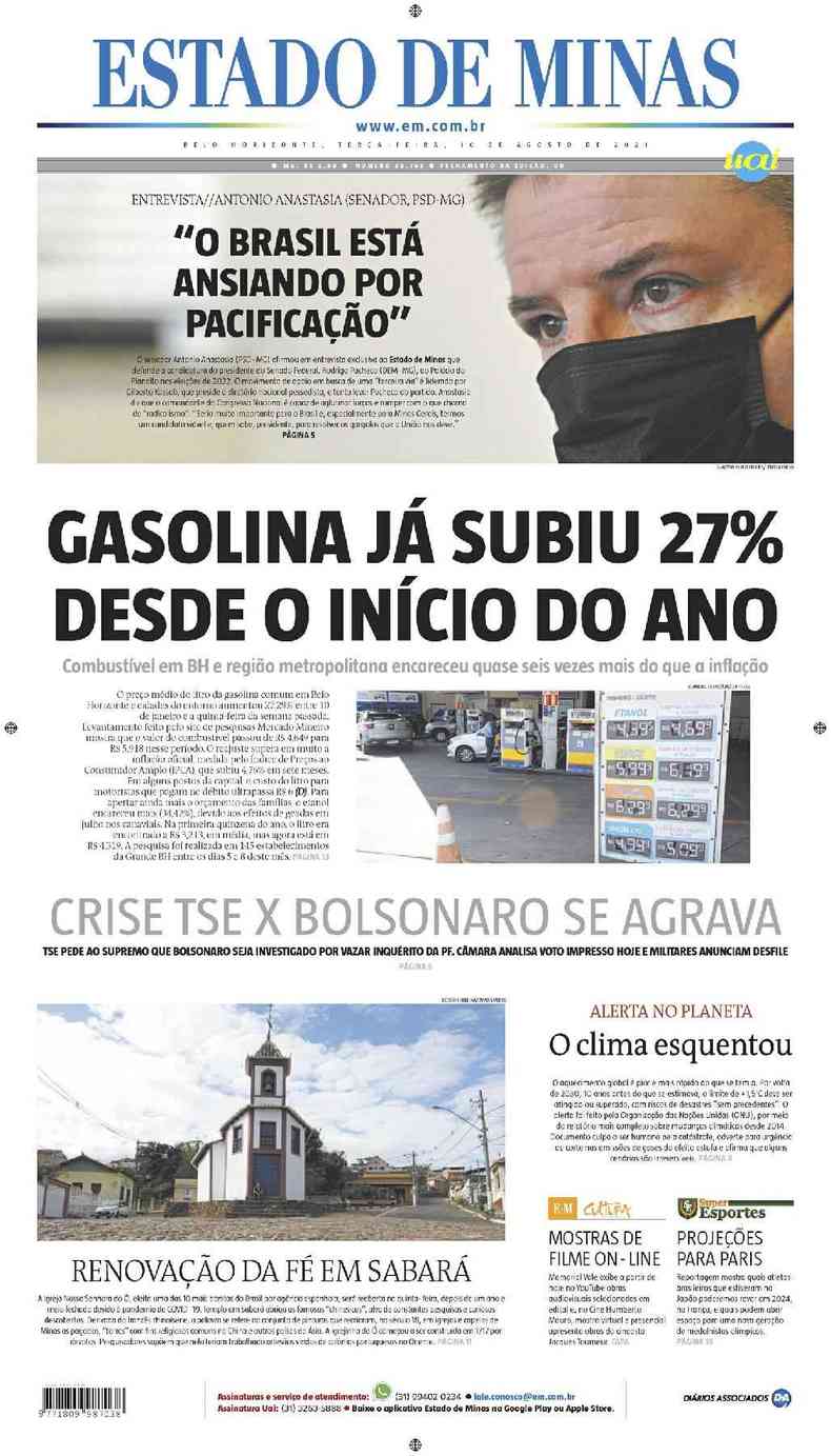 Confira a Capa do Jornal Estado de Minas do dia 10/08/2023