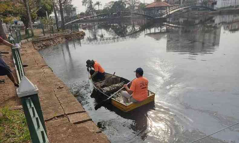Funcionrios da Prefeitura usaram barcos e redes para retirar os peixes que boiaram mortos, sufocados pela gua da chuva cida