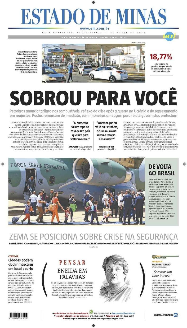 Confira a Capa do Jornal Estado de Minas do dia 11/03/2022