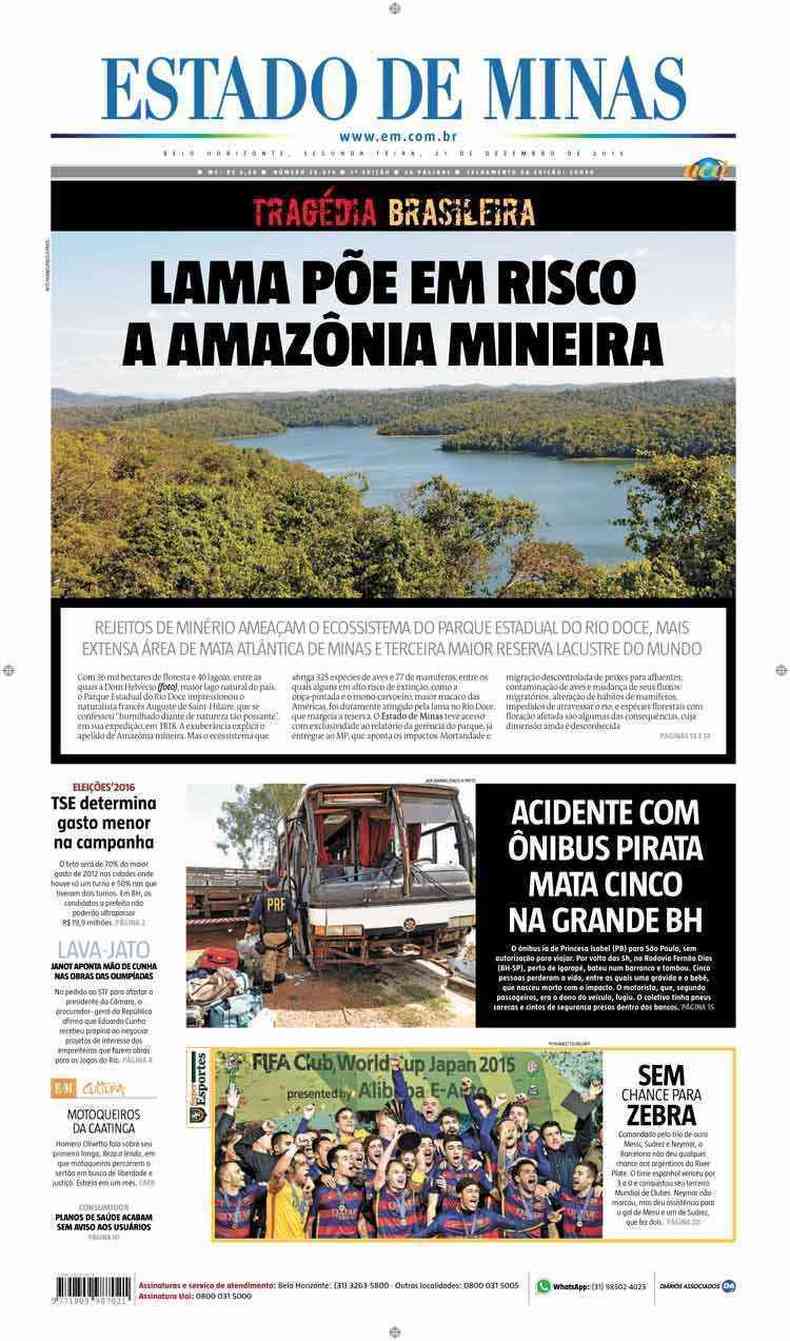 Confira a Capa do Jornal Estado de Minas do dia 21/12/2015