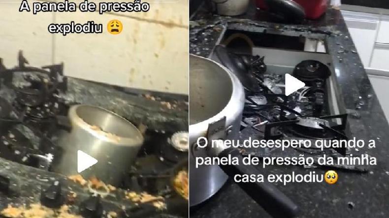 Montagem mostrando duas panelas de pressão após explodirem