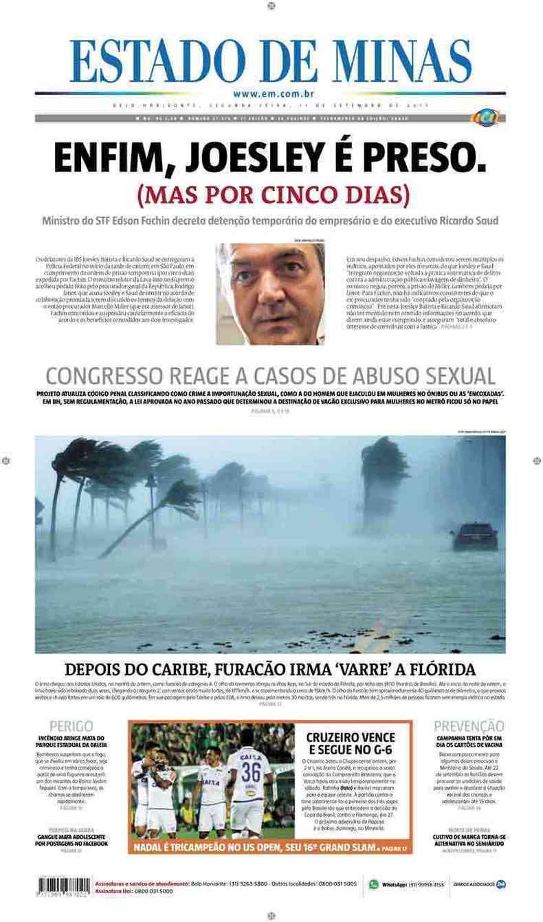 Confira a Capa do Jornal Estado de Minas do dia 11/09/2017