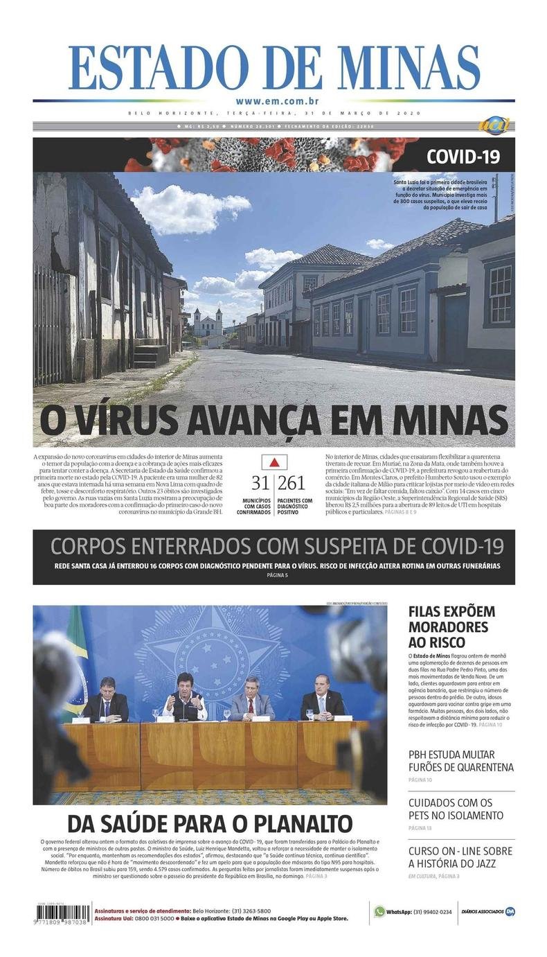 Confira a Capa do Jornal Estado de Minas do dia 31/03/2020(foto: Estado de Minas)