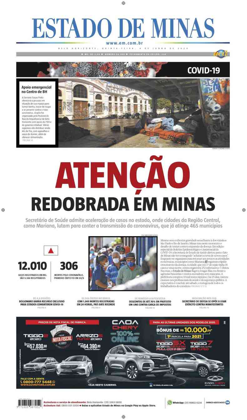 Confira a Capa do Jornal Estado de Minas do dia 04/06/2020(foto: Estado de Minas)