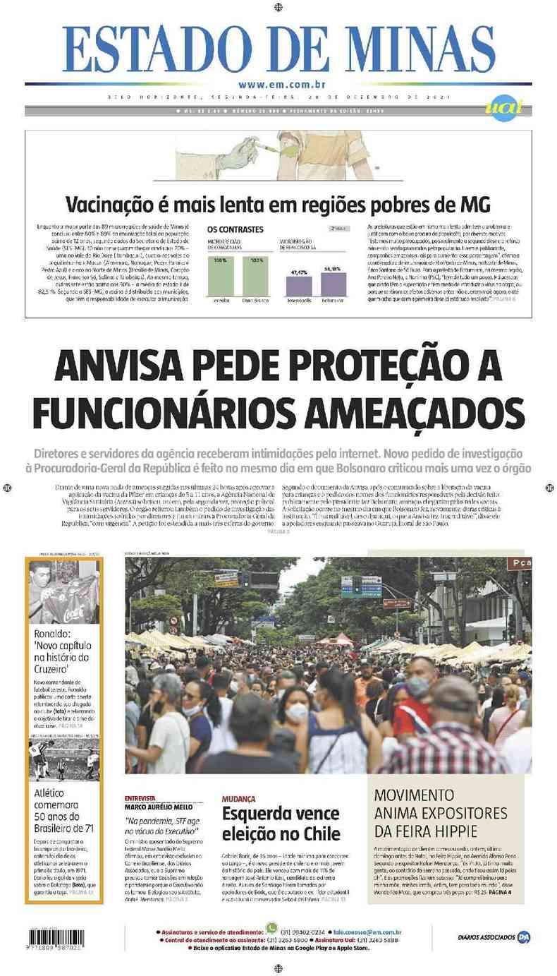 Confira a Capa do Jornal Estado de Minas do dia 20/12/2021