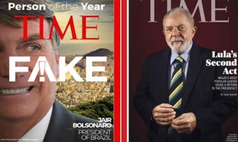 Montagem com as capas da revista Time estampando Bolsonaro  esquerda e Lula  direita 