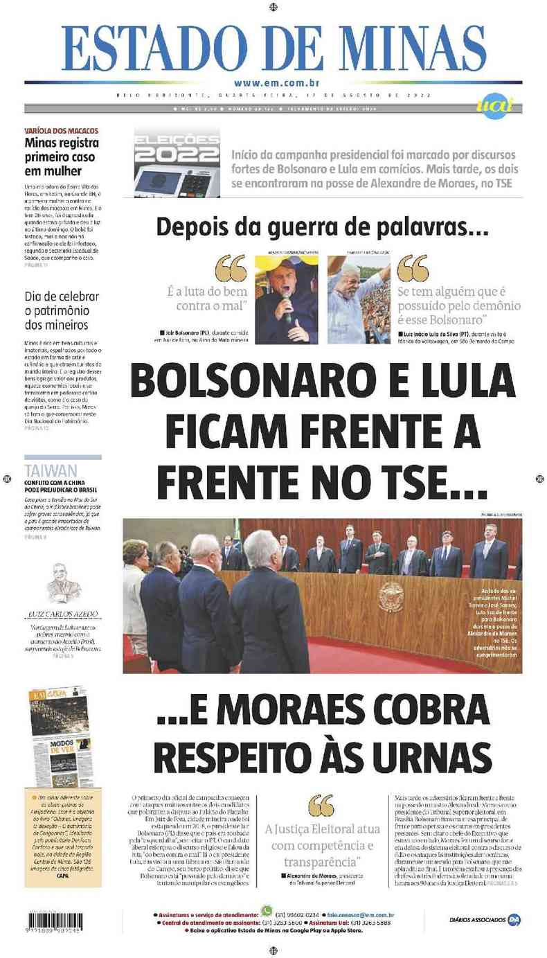 Confira a Capa do Jornal Estado de Minas do dia 17/08/2017