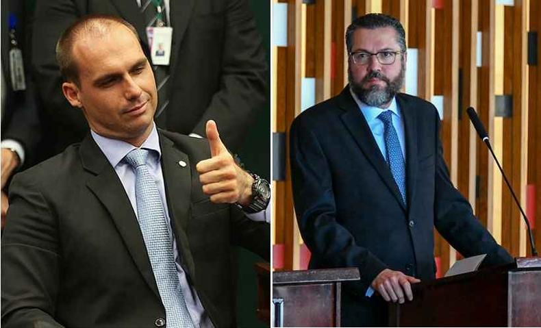 Deputado federal Eduardo Bolsonaro e o chanceler Ernesto Araújo(foto: Wikimedia Commons e Flickr) Deputado federal Eduardo Bolsonaro e o chanceler Ernesto Araújo(foto: Wikimedia Commons e Flickr)