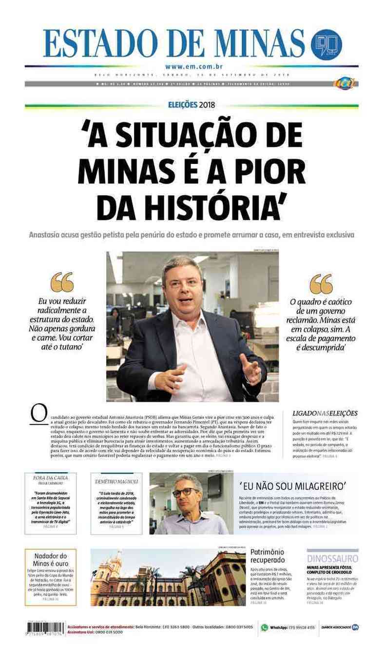 Confira a Capa do Jornal Estado de Minas do dia 15/09/2018(foto: Estado de Minas)