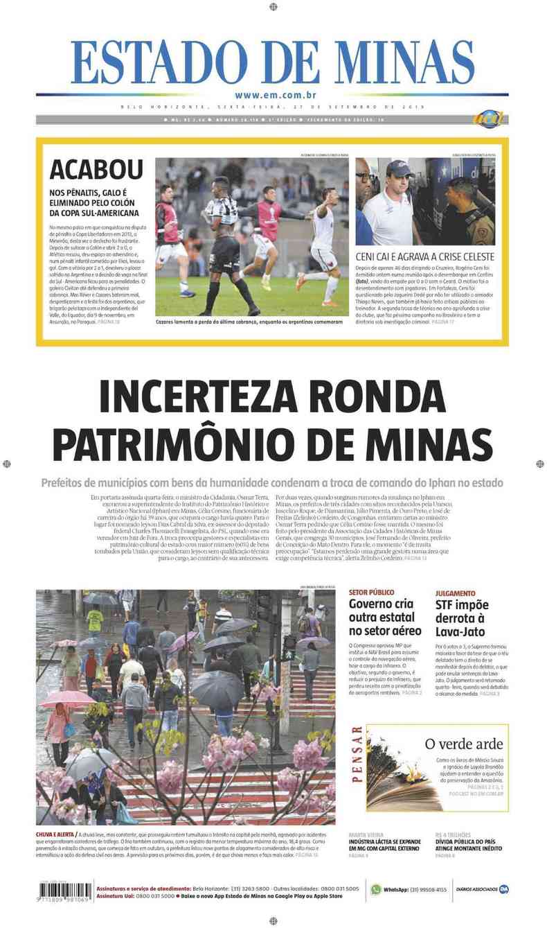 Confira a Capa do Jornal Estado de Minas do dia 27/09/2019(foto: Estado de Minas)