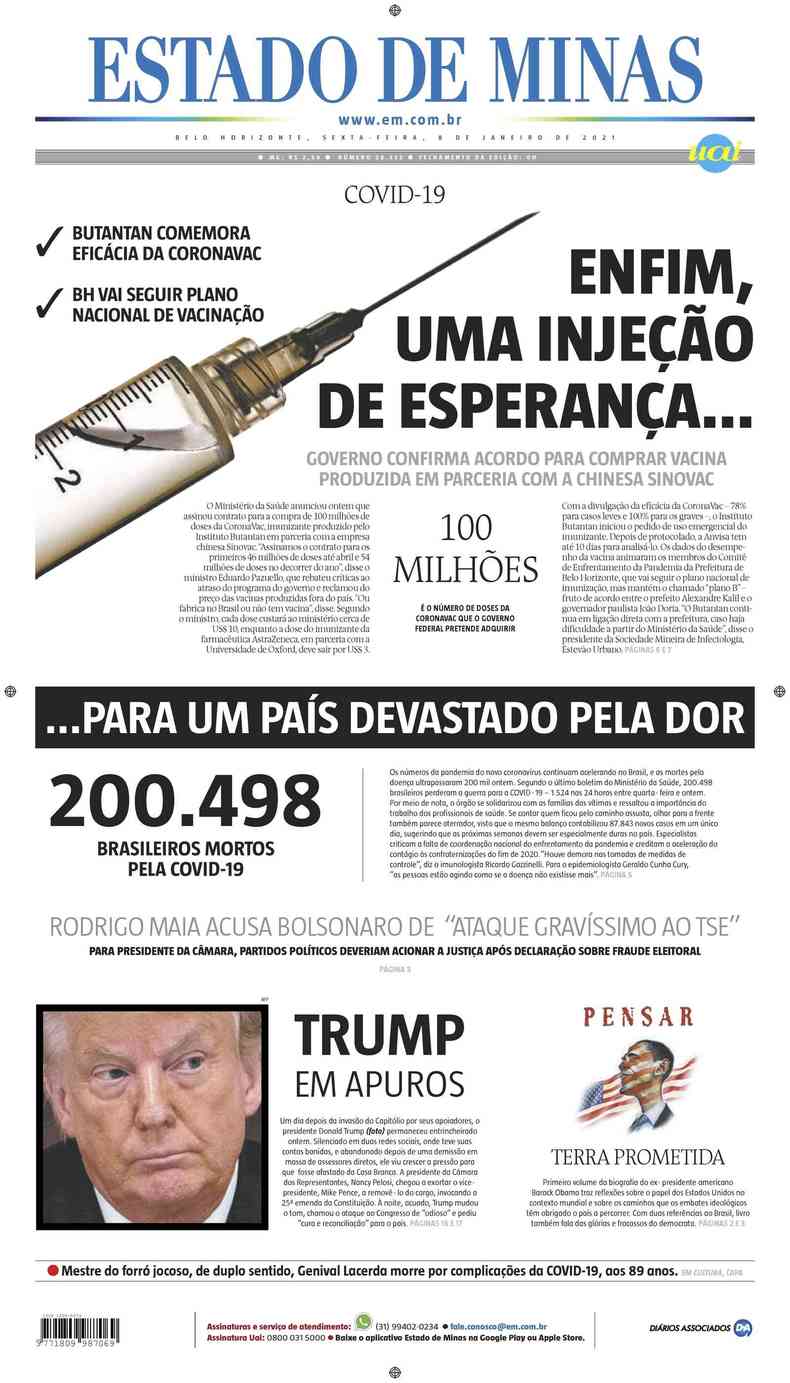 Confira a Capa do Jornal Estado de Minas do dia 08/01/2021(foto: Estado de Minas)