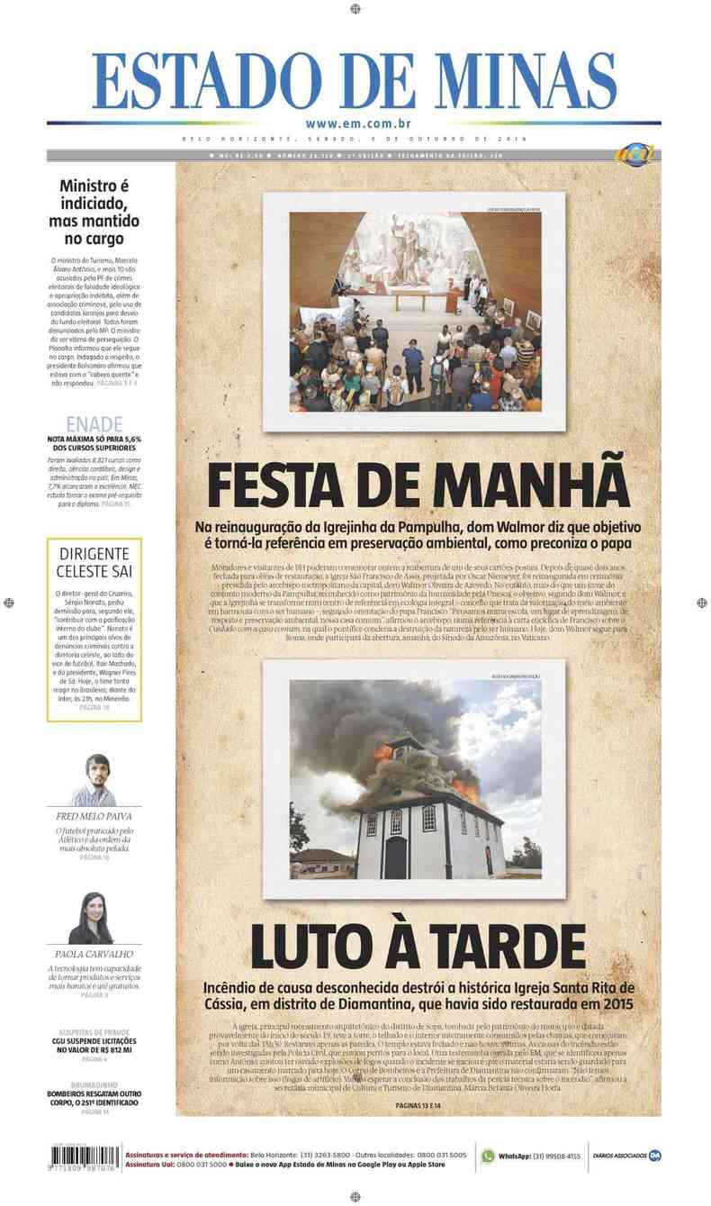 Confira a Capa do Jornal Estado de Minas do dia 05/10/2019(foto: Estado de Minas)