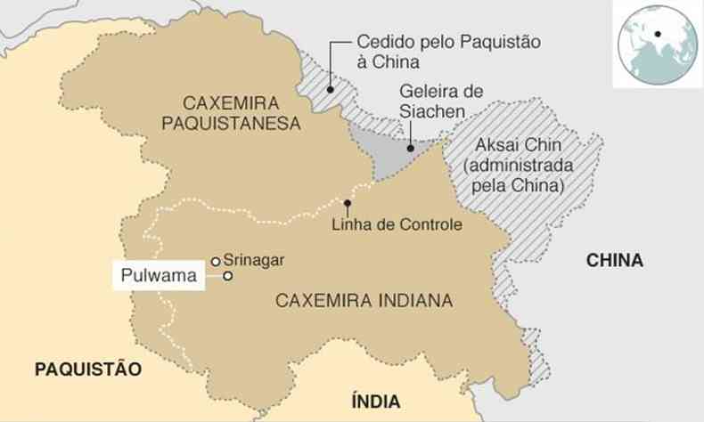 Localizao da Caxemira: fronteira entre ndia, Paquisto e China.