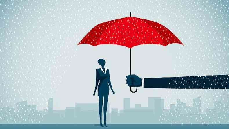 Ilustrao de mo segurando guarda-chuva para proteger mulher na tempestade