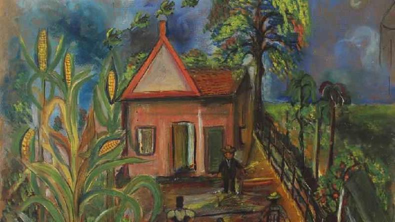 Pintura a leo mostra um stio no interior de So Paulo.