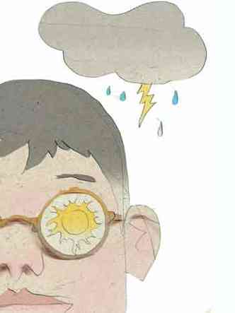 Ilustração com um homem de óculos onde vê o sol e nuvens com raio em cima da cabeça dele