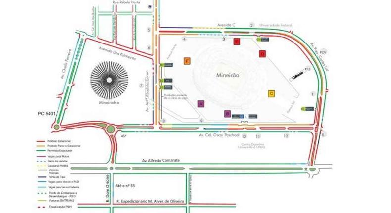 Na foto, mapa do entorno do Mineiro, com devios de rotas