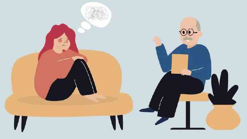 Uma ilustração de uma mulher angustiada em um sofá falando com um homem com uma prancheta