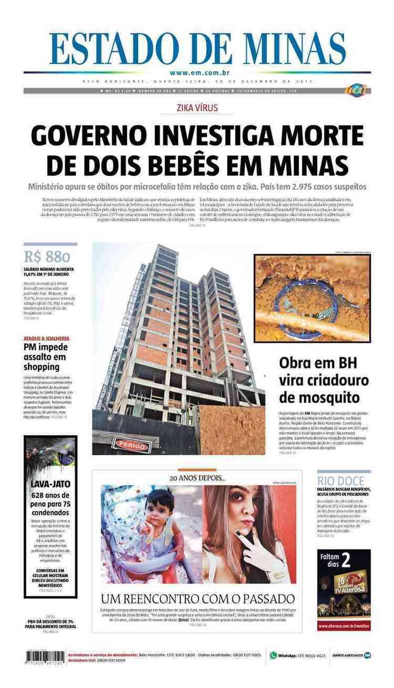 Confira a Capa do Jornal Estado de Minas do dia 30/12/2015