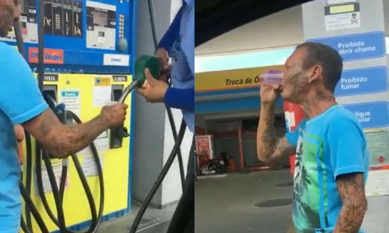 No vídeo, é possível ver o funcionário do local, não identificado, completando o copo que o homem segura (foto: Reprodução/Redes sociais ) Vídeo de morador de rua tomando etanol em posto volta a viralizar