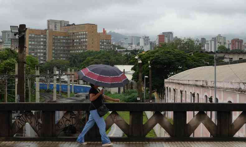 Mulher caminha com guarda chuva