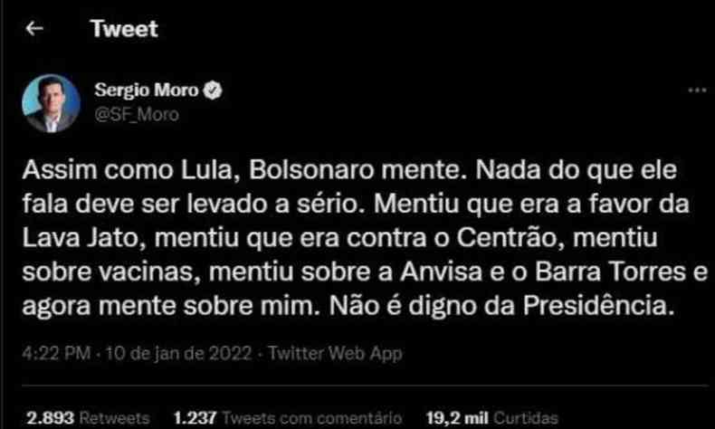 Moro critica Bolsonaro no Twitter, em janeiro