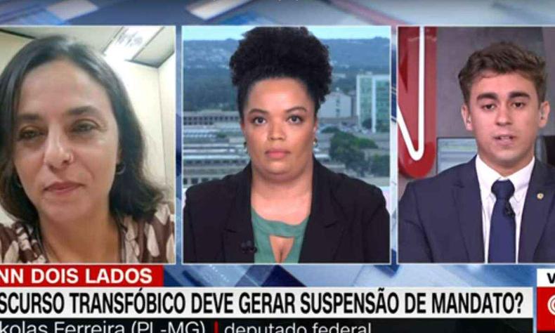 Deputados debatiam a possibilidade de perda do mandado por transfobia cometida por Nikolas no Dia Internacional da Mulher, quando ele surgiu na Câmara dos Deputados com uma peruca loira(foto: Reprodução) Reprodução de TV da entrevista com os deputados federais Fernanda Melchionna e Nikolas Ferreira; Basília Rodrigues estão ao centro