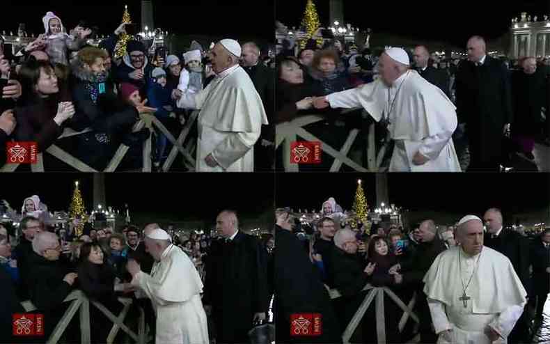 Francisco deu dois tapas na mo de fiel que o puxou enquanto ele cumprimentava pessoas na vspera do rveillon(foto: Vaticano/AFP)