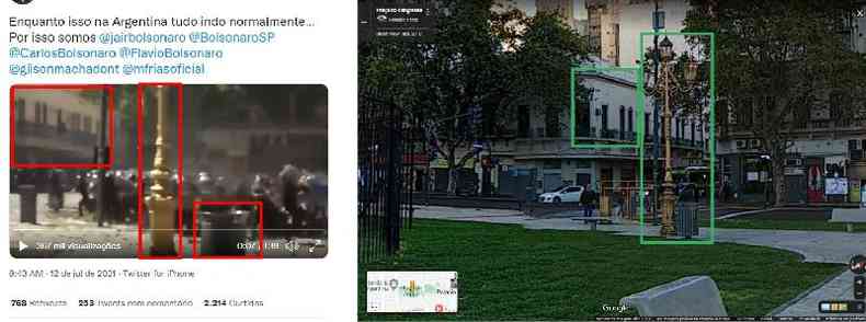 Combinao de capturas de tela feita em 13 de julho de 2021 entre o vdeo viralizado (E) e a Praa do Congresso de Buenos Aires no Google Street View